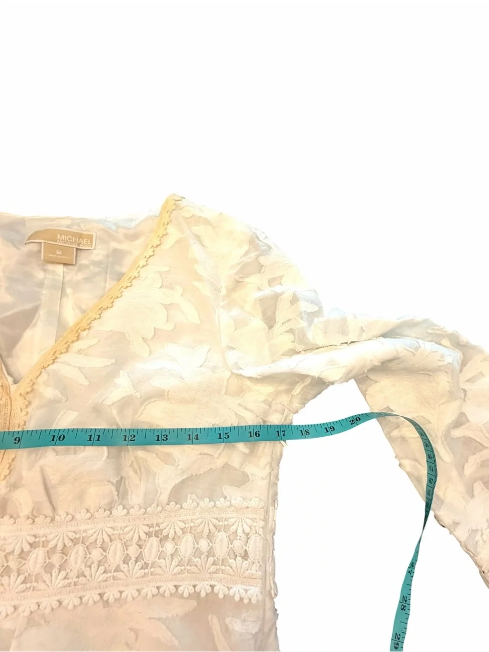 MICHAEL KORS Textured White Boho Lace V Neck 3/4 Sleeve Dress Women’s Size 6